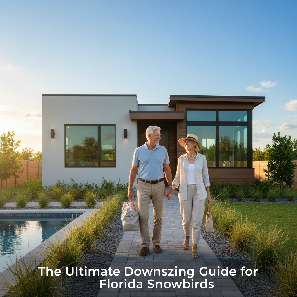 d couple holds hands while walking in front of a modern, smaller home.